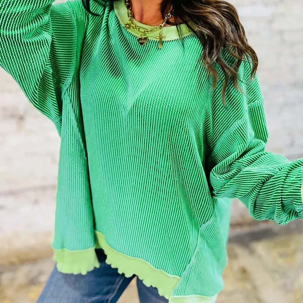 Green Casual Women's Textured Striped Cuffed Long Sleeve Loose Crew Neck T-Shirt